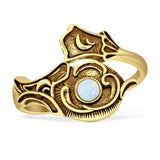 Art Deco Round Lab Created White Opal Spoon Oxidized Ring 925 Sterling Silver