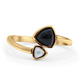Triangular Black Agate & Pearl Spoon Ring Adjustable Band 925 Sterling Silver