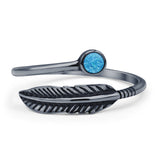 Minimalist 8.4mm Round Lab Created Blue Opal Feather Ring Oxidized 925 Sterling Silver