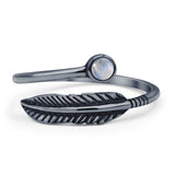 Minimalist 8.4mm Round Moonstone Feather Ring Oxidized 925 Sterling Silver