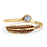 Minimalist 8.4mm Round Moonstone Feather Ring Oxidized 925 Sterling Silver
