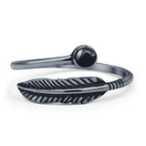 Minimalist 8.4mm Round Black Agate Feather Ring Oxidized 925 Sterling Silver