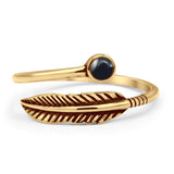 Minimalist 8.4mm Round Black Agate Feather Ring Oxidized 925 Sterling Silver