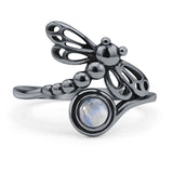 Round Moonstone Filigree Dragonfly Ring Oxidized 925 Sterling Silver