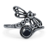 Round Black Agate Filigree Dragonfly Ring Oxidized 925 Sterling Silver