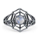 Round Moonstone Spiderweb Ring Oxidized Filigree 925 Sterling Silver