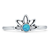 Art Deco 8mm Round Lab Created Blue Opal Floral Ring Oxidized 925 Sterling Silver