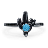 Round Lab Created Blue Opal Cactus Plant Ring Oxidized Flower 925 Sterling Silver