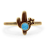Round Lab Created Blue Opal Cactus Plant Ring Oxidized Flower 925 Sterling Silver
