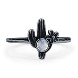 Round Moonstone Cactus Plant Ring Oxidized Flower 925 Sterling Silver