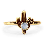 Round Moonstone Cactus Plant Ring Oxidized Flower 925 Sterling Silver