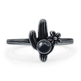 Round Black Agate Cactus Plant Ring Oxidized Flower 925 Sterling Silver