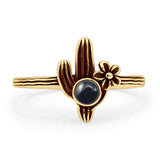 Round Black Agate Cactus Plant Ring Oxidized Flower 925 Sterling Silver