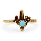 Round Turquoise Cactus Plant Ring Oxidized Flower 925 Sterling Silver