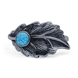 Round Lab Created Bue Opal 11.5mm Feather Leaf Ring Oxidized 925 Sterling Silver