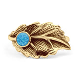 Round Lab Created Bue Opal 11.5mm Feather Leaf Ring Oxidized 925 Sterling Silver