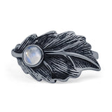 Round Moonstone 11.5mm Feather Leaf Ring Oxidized 925 Sterling Silver