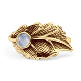 Round Moonstone 11.5mm Feather Leaf Ring Oxidized 925 Sterling Silver