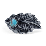Round Turquoise 11.5mm Feather Leaf Ring Oxidized 925 Sterling Silver