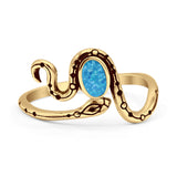 Minimalist 11.8mm Oval Lab Created Blue Opal Snake Ring Oxidized 925 Sterling Silver