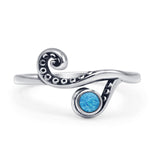 Minimalist Round Lab Created Blue Opal Tentacle Octopus Ring Oxidized 925 Sterling Silver
