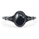 Minimalist 9.3mm Oval Black Agate Floral Ring Oxidized 925 Sterling Silver