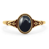 Minimalist 9.3mm Oval Black Agate Floral Ring Oxidized 925 Sterling Silver