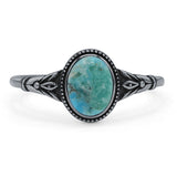 Minimalist 9.3mm Oval Turquoise Floral Ring Oxidized 925 Sterling Silver