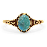 Minimalist 9.3mm Oval Turquoise Floral Ring Oxidized 925 Sterling Silver