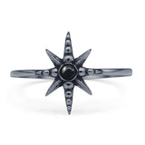 Round Black Agate Starburst Ring Oxidized Beaded 925 Sterling Silver