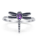 Vintage Style 13mm Round Amethyst CZ Dragonfly Ring 925 Sterling Silver