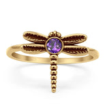 Vintage Style 13mm Round Amethyst CZ Dragonfly Ring 925 Sterling Silver