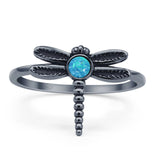 Vintage Style 13mm Round Lab Created Blue Opal Dragonfly Ring 925 Sterling Silver