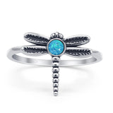 Vintage Style 13mm Round Lab Created Blue Opal Dragonfly Ring 925 Sterling Silver