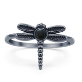 Vintage Style 13mm Round Black Onyx Dragonfly Ring 925 Sterling Silver
