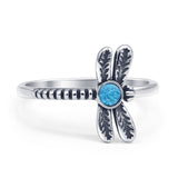 Vintage Style 13mm Round Lab Created Blue Opal Dragonfly Ring 925 Sterling Silver