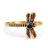 Vintage Style 13mm Round Black Agate Dragonfly Ring 925 Sterling Silver