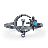 Minimalist 11.5mm Lab Created Blue Opal Cat On Moon & Star Ring 925 Sterling Silver