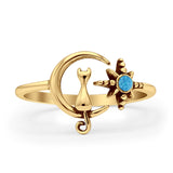 Minimalist 11.5mm Lab Created Blue Opal Cat On Moon & Star Ring 925 Sterling Silver