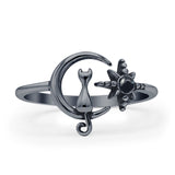 Oxidized Cat On Moon & Star Ring