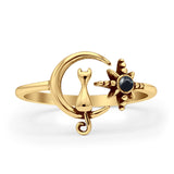 Minimalist 11.5mm Black Agate Cat On Moon & Star Ring 925 Sterling Silver