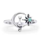 Minimalist 11.5mm Turquoise Cat On Moon & Star Ring 925 Sterling Silver
