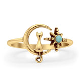 Minimalist 11.5mm Turquoise Cat On Moon & Star Ring 925 Sterling Silver