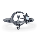 Oxidized Cat On Moon & Star Ring