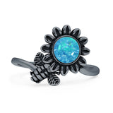 Minimalist 17mm Lab Created Blue Opal Flower & Bee Oxidized Ring 925 Sterling Silver