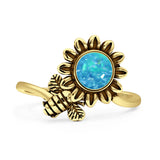 Minimalist 17mm Lab Created Blue Opal Flower & Bee Oxidized Ring 925 Sterling Silver
