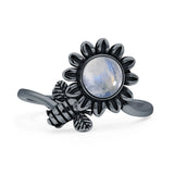 Minimalist 17mm Moonstone Flower & Bee Oxidized Ring 925 Sterling Silver