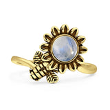 Minimalist 17mm Moonstone Flower & Bee Oxidized Ring 925 Sterling Silver