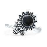 Minimalist 17mm Black Onyx Flower & Bee Oxidized Ring 925 Sterling Silver