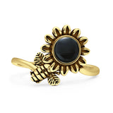 Minimalist 17mm Black Onyx Flower & Bee Oxidized Ring 925 Sterling Silver
